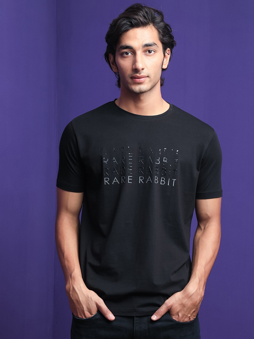 

RARE RABBIT Men Asi Typography Printed Cotton Slim Fit T-Shirt, Black