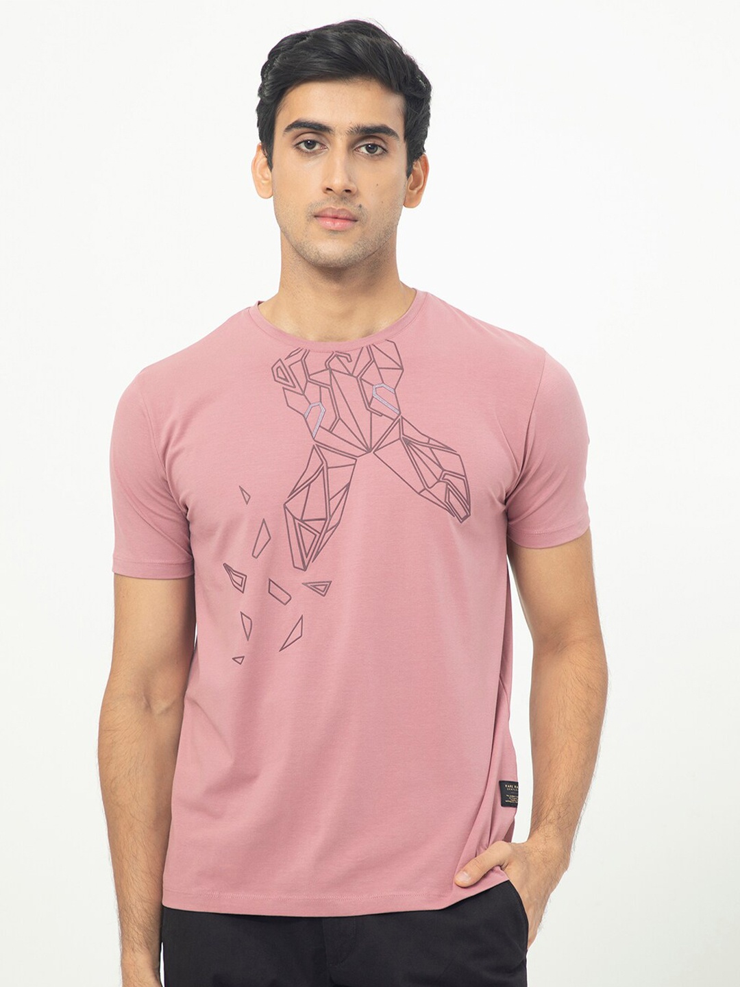 

RARE RABBIT Men Mikeal Graphic Printed Cotton Slim Fit T-Shirt, Pink