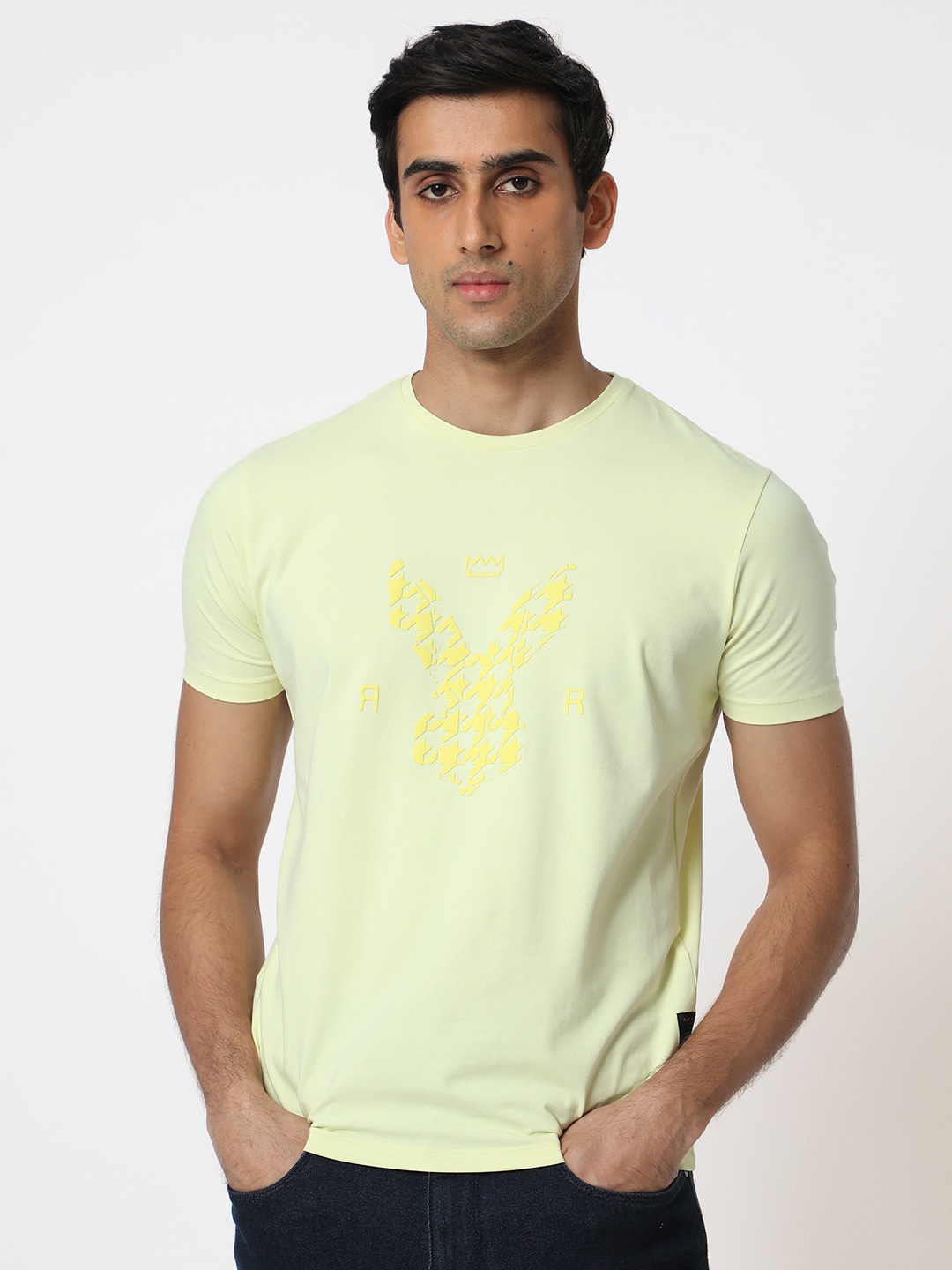 

RARE RABBIT Men Apricot Graphic Printed Cotton Slim Fit T-Shirt, Yellow