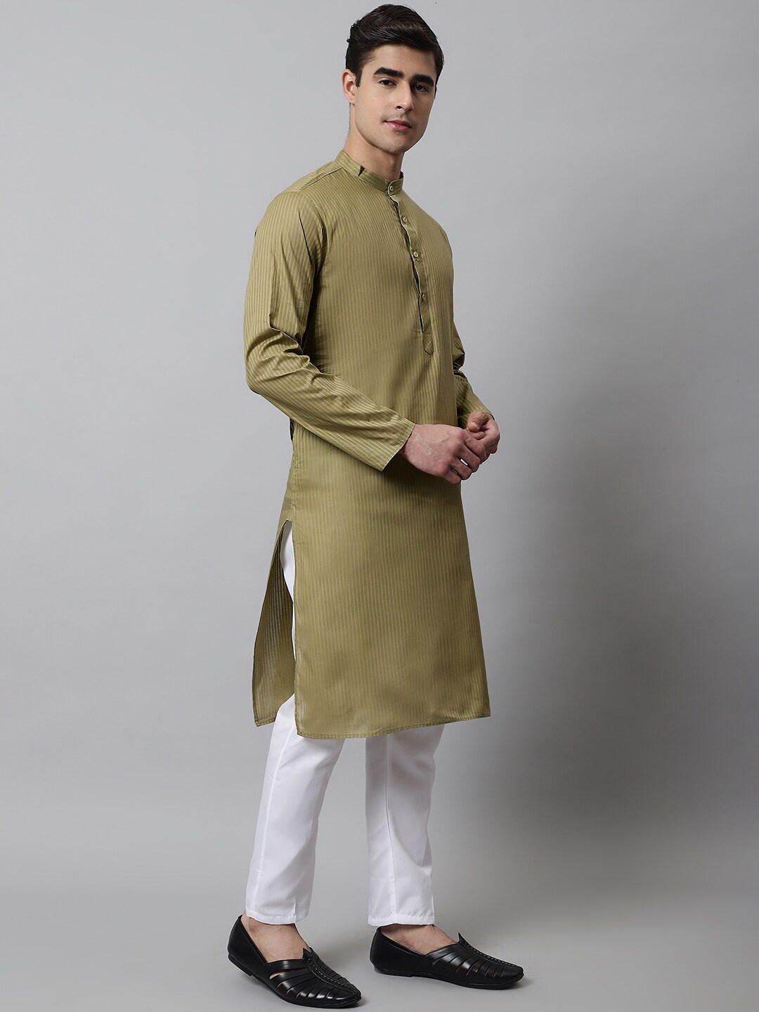 

Jompers Band Collar Striped Regular Pure Cotton Kurta with Churidar, Olive