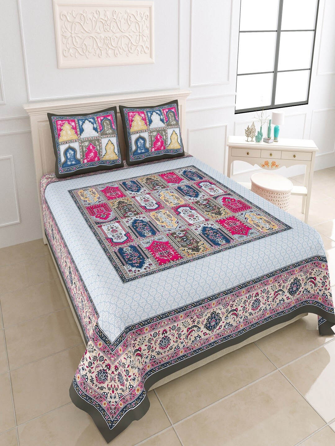 

Bombay Spreads Grey & White Ethnic Motifs Cotton 180 TC King Bedsheet with 2 Pillow Covers