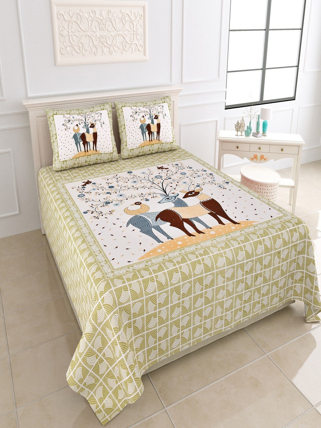 

Bombay Spreads Green & White Cotton 180 TC King Bedsheet with 2 Pillow Covers