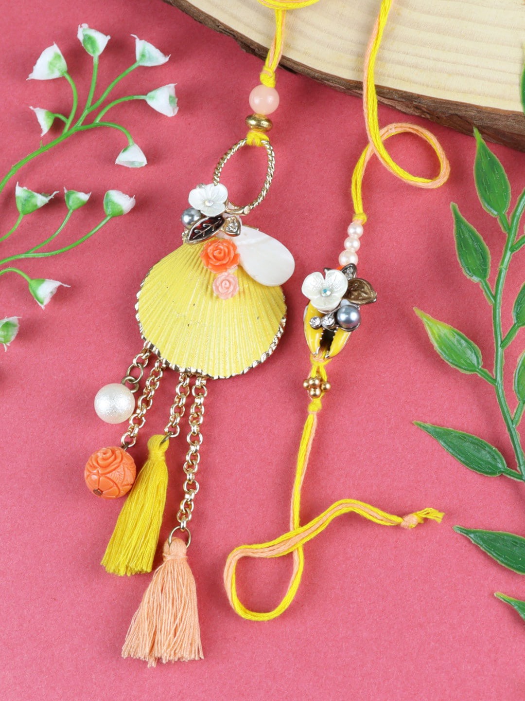 

Asthetika Set of 2 Floral Charms Bhaiya Bhabhi Rakhi Set, Yellow