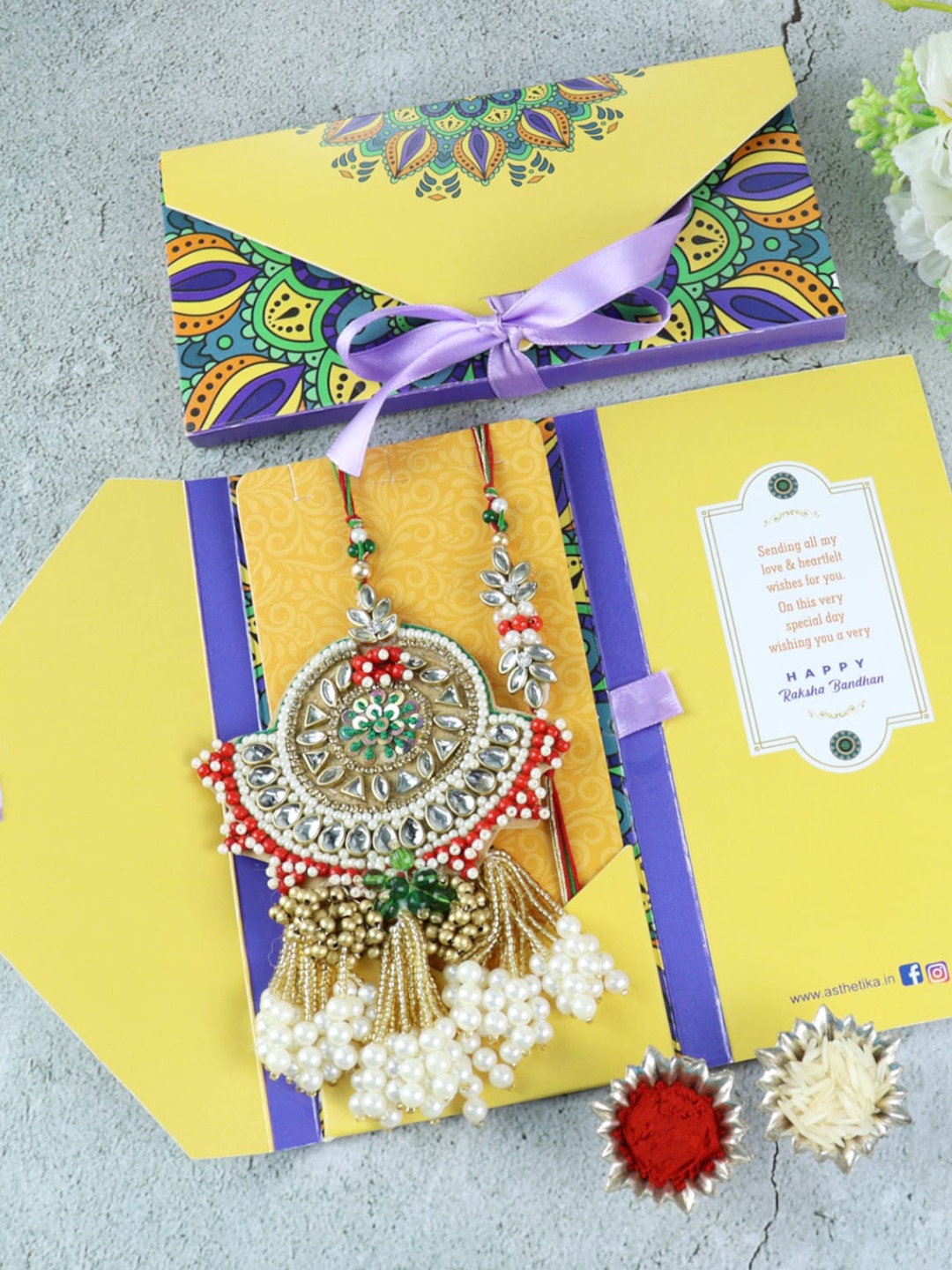 

Asthetika Set of 2 Traditional Kundan Butti Bhai Bhabhi Rakhi Set, Red