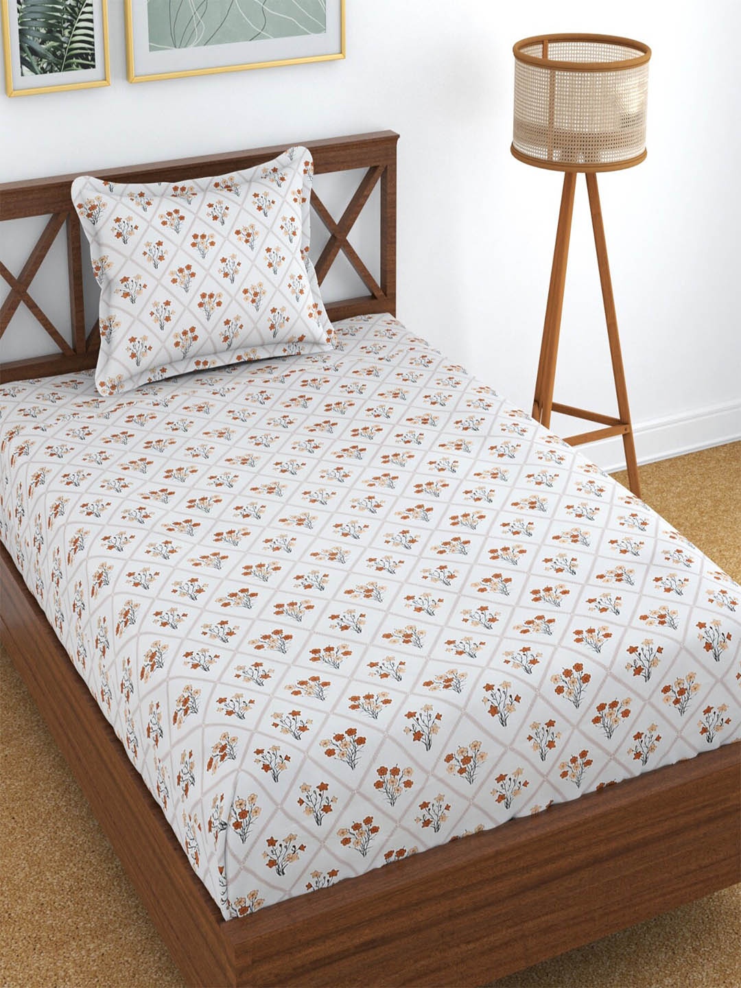

Homefab India Blossom White & Orange Floral Cotton 210 TC Single Bedsheet & 1 Pillow Cover