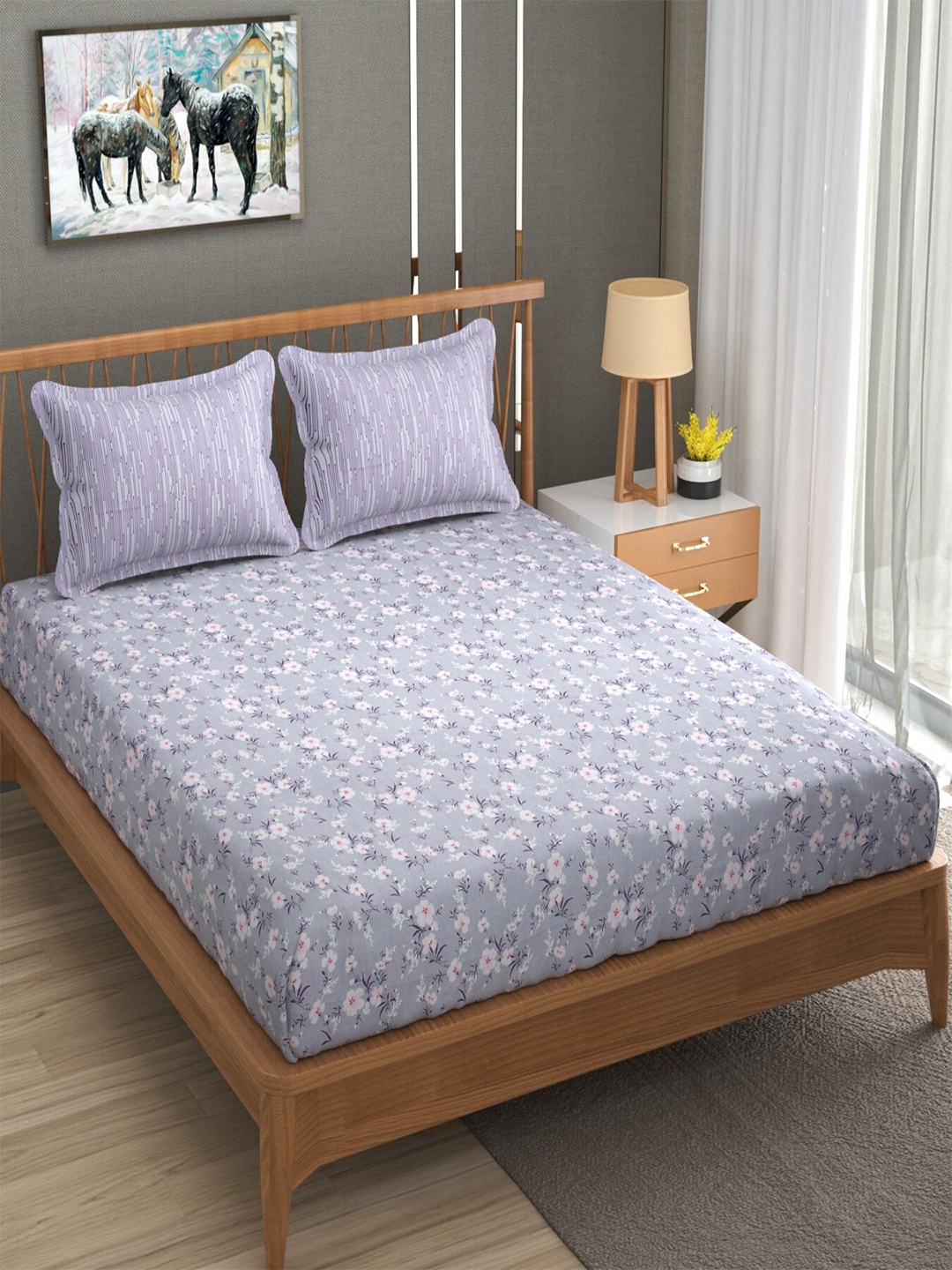 

Homefab India Blossom Purple & White Floral Cotton 210 TC King Bedsheet & 2 Pillow Covers