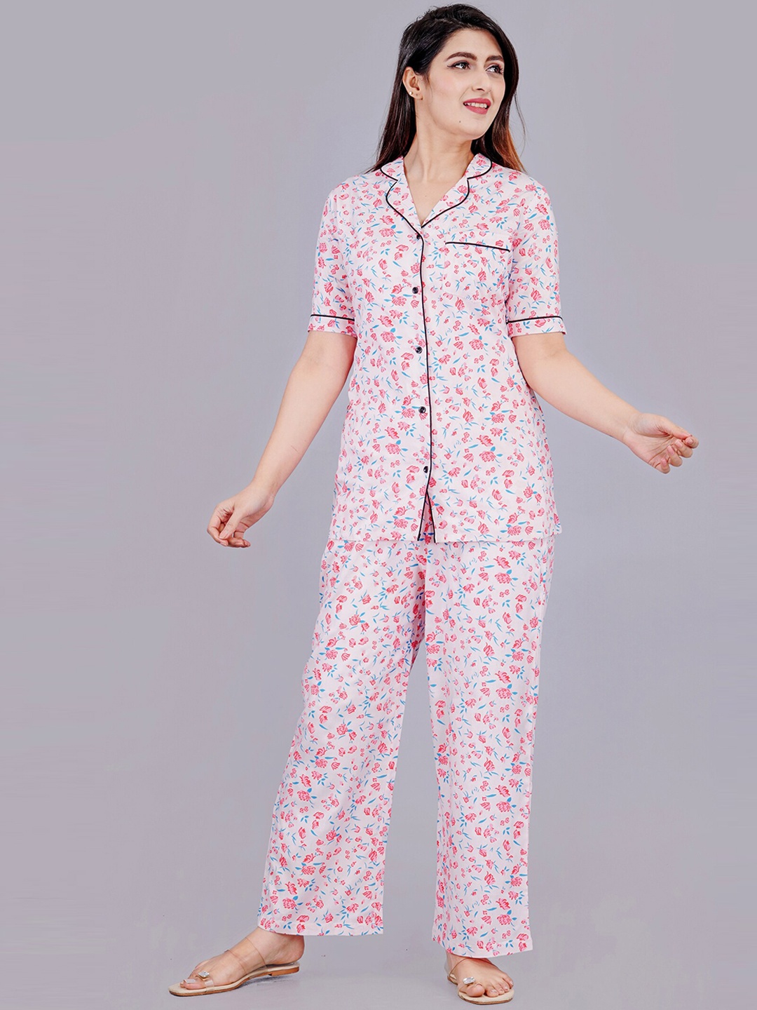 

TREND ME Floral Printed Pure Cotton Night Suit, Pink