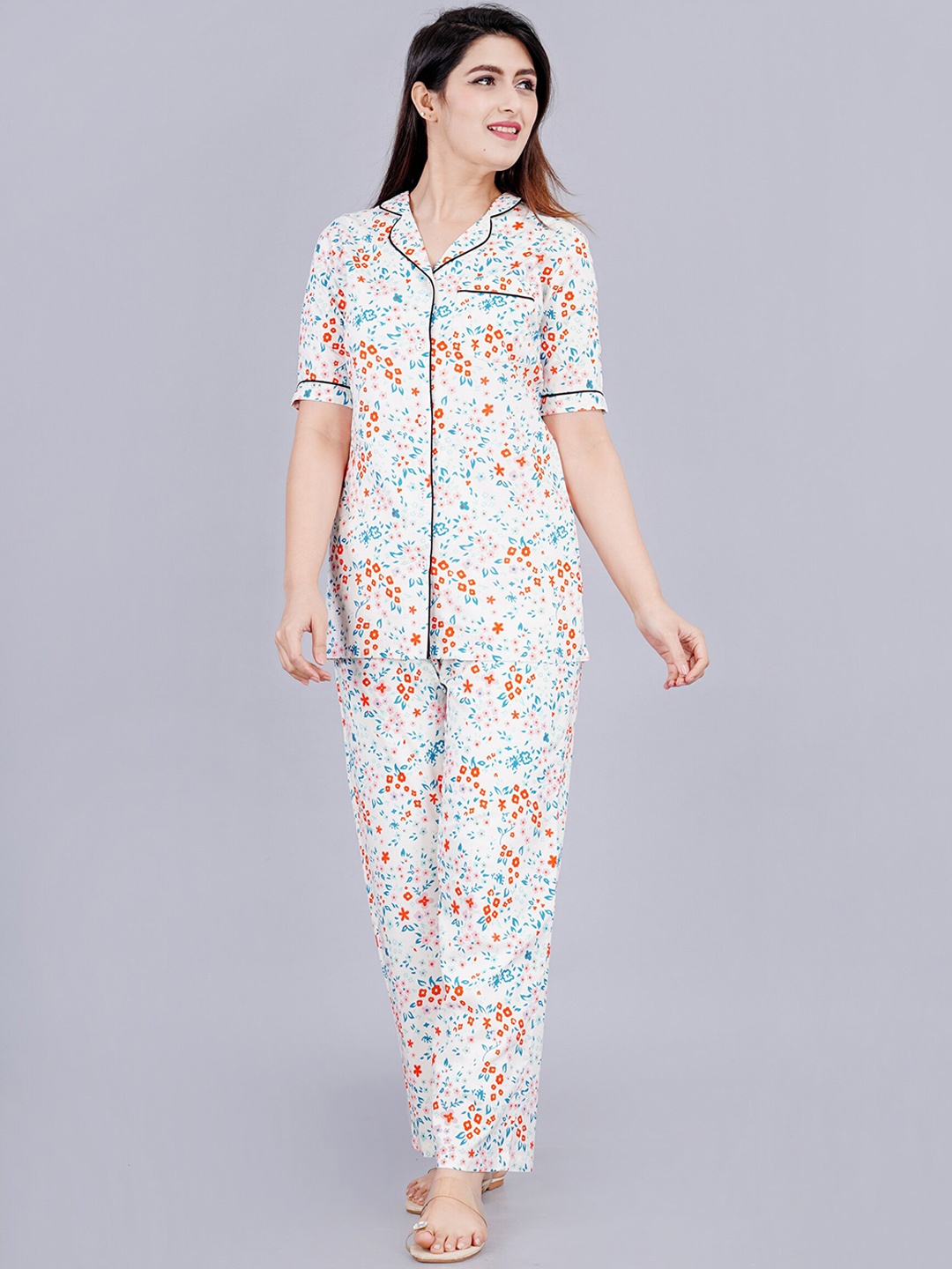 

TREND ME Floral Printed Pure Cotton Night Suit, White
