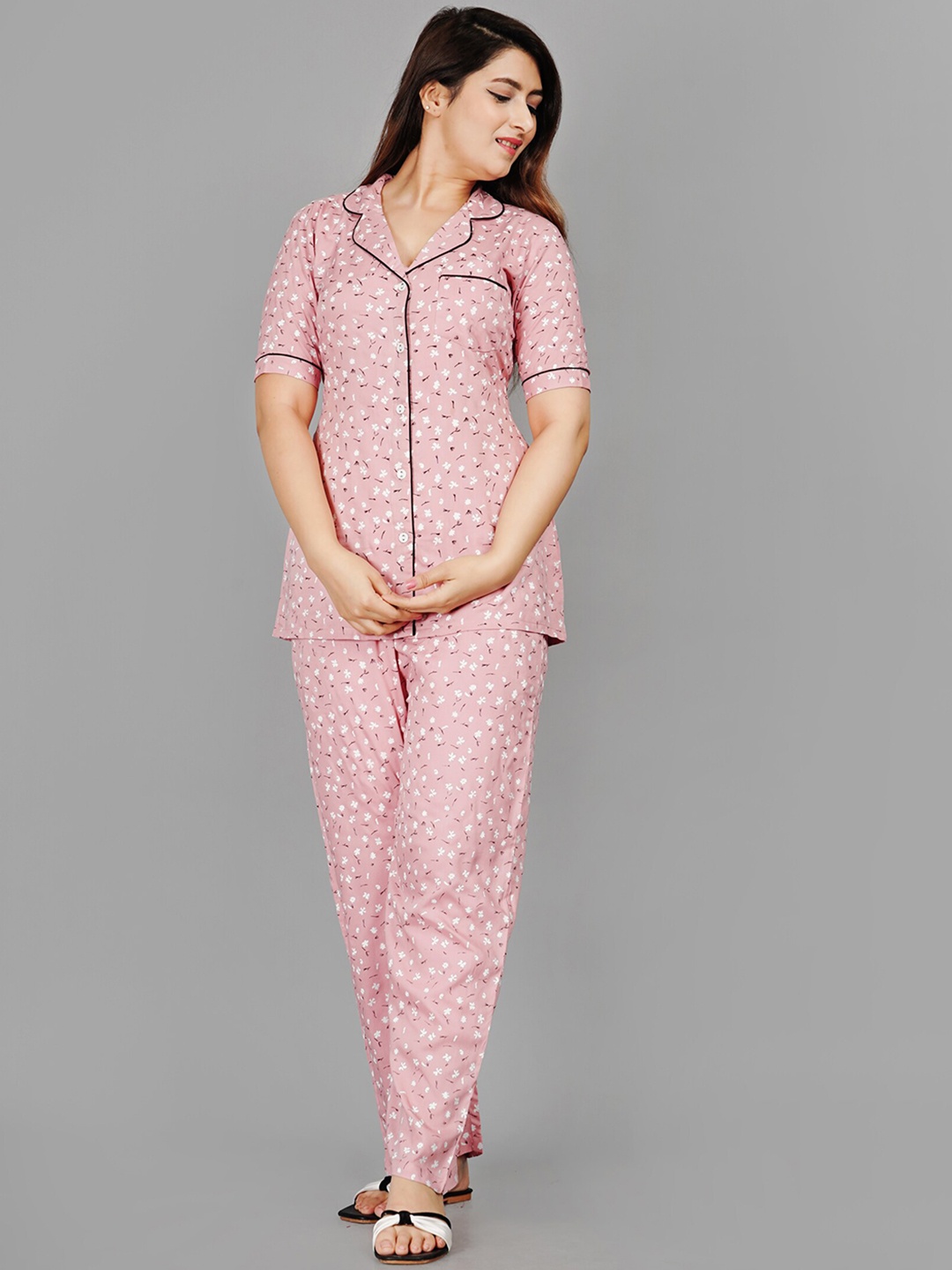 

TREND ME Floral Printed Pure Cotton Night Suit, Pink