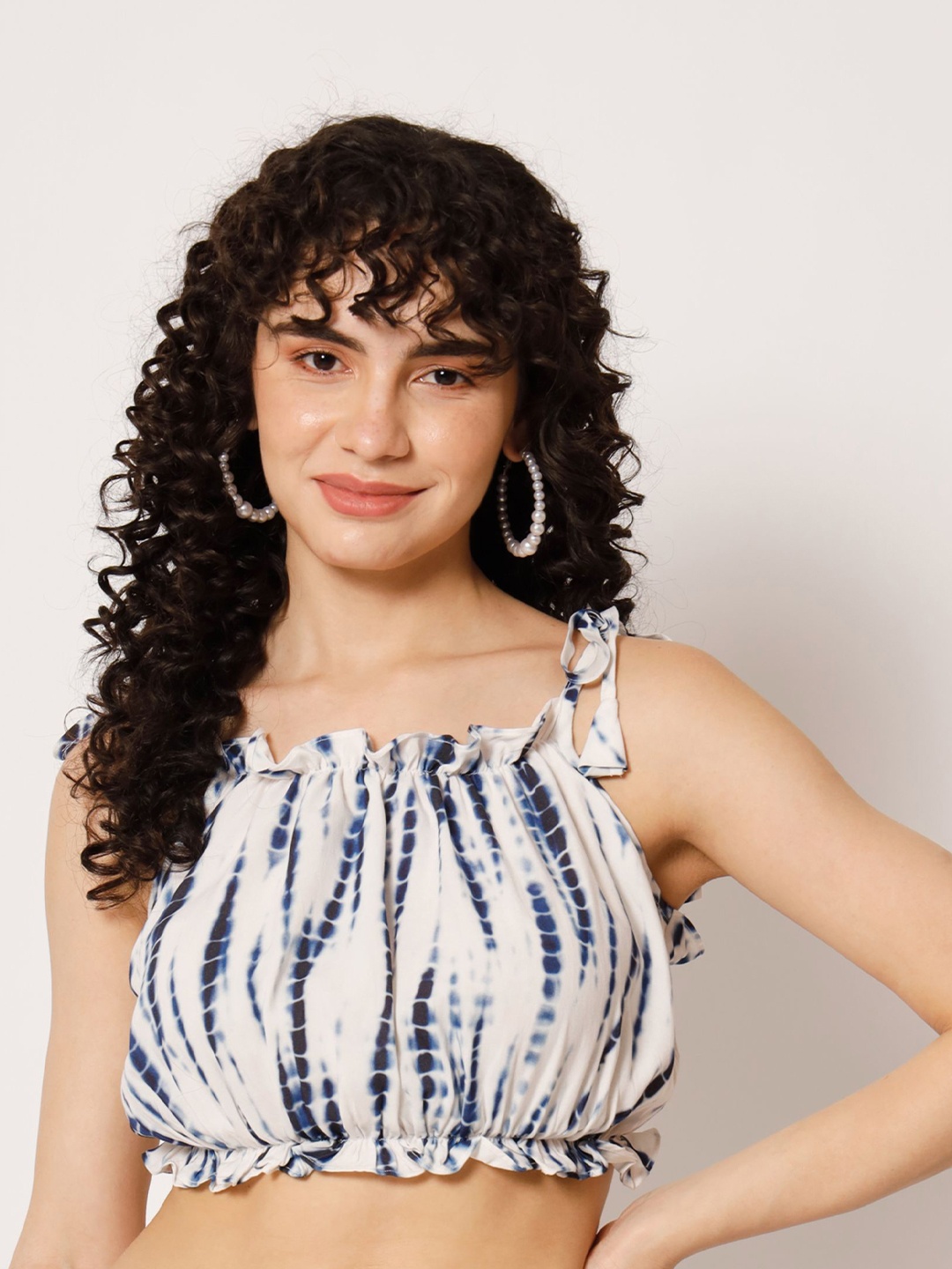Shopping Queen Tie and Dyed Blouson Crop Top, Blue