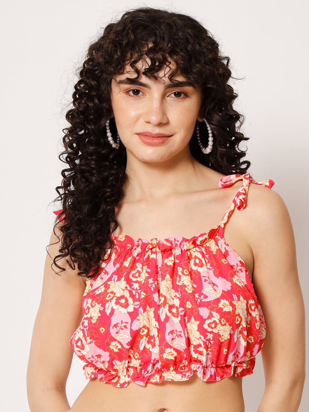 

Shopping Queen Floral Printed Blouson Crop Top, Pink