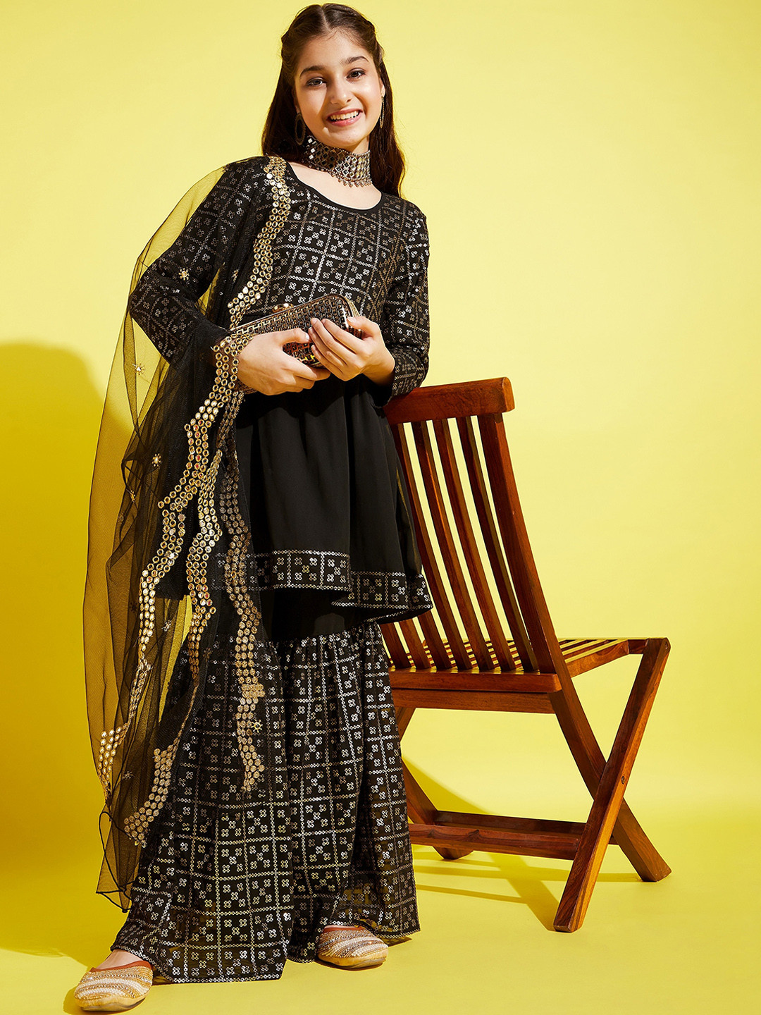 

Cherry & Jerry Girls Geometric Embroidered Sequinned Anarkali Kurta & Sharara with Dupatta, Black