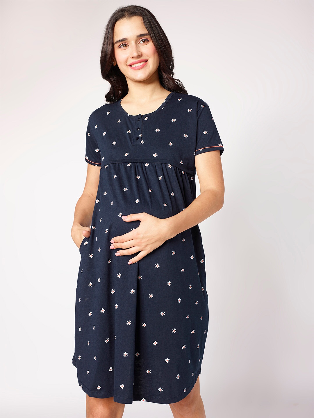 

beebelle Navy Blue Floral Printed Maternity Nightdress