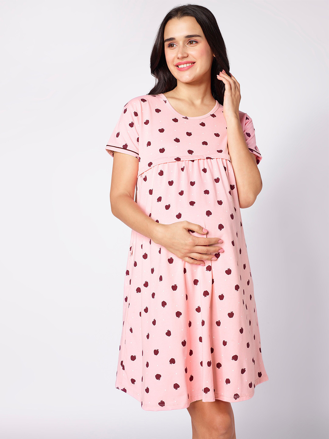 

beebelle Peach-Coloured Graphic Printed Maternity Nightdress