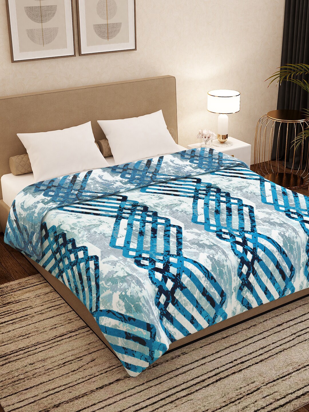 

Story@home Grey & Blue Geometric AC Room 300 GSM Double Bed Blanket