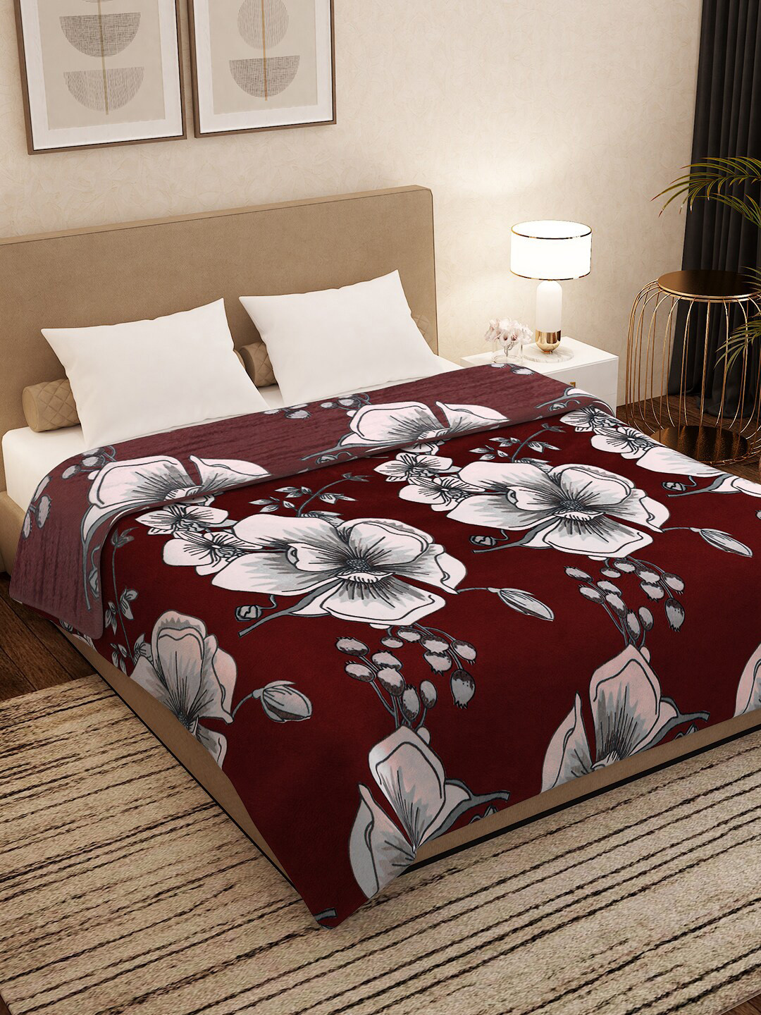 

Story@home Maroon & White Floral AC Room 300 GSM Double Bed Blanket