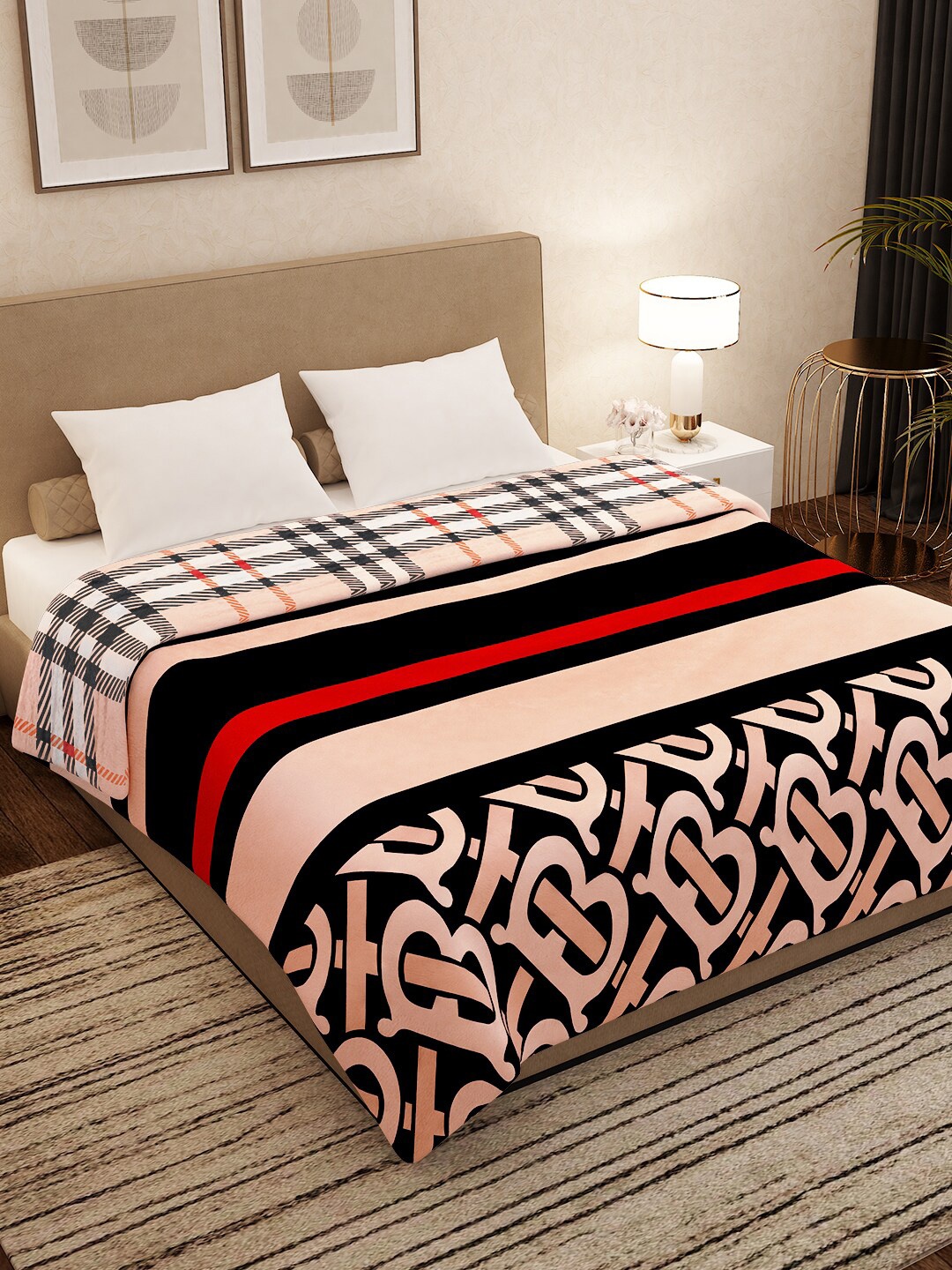 

Story@home Beige & Black Geometric AC Room 300 GSM Double Bed Blanket