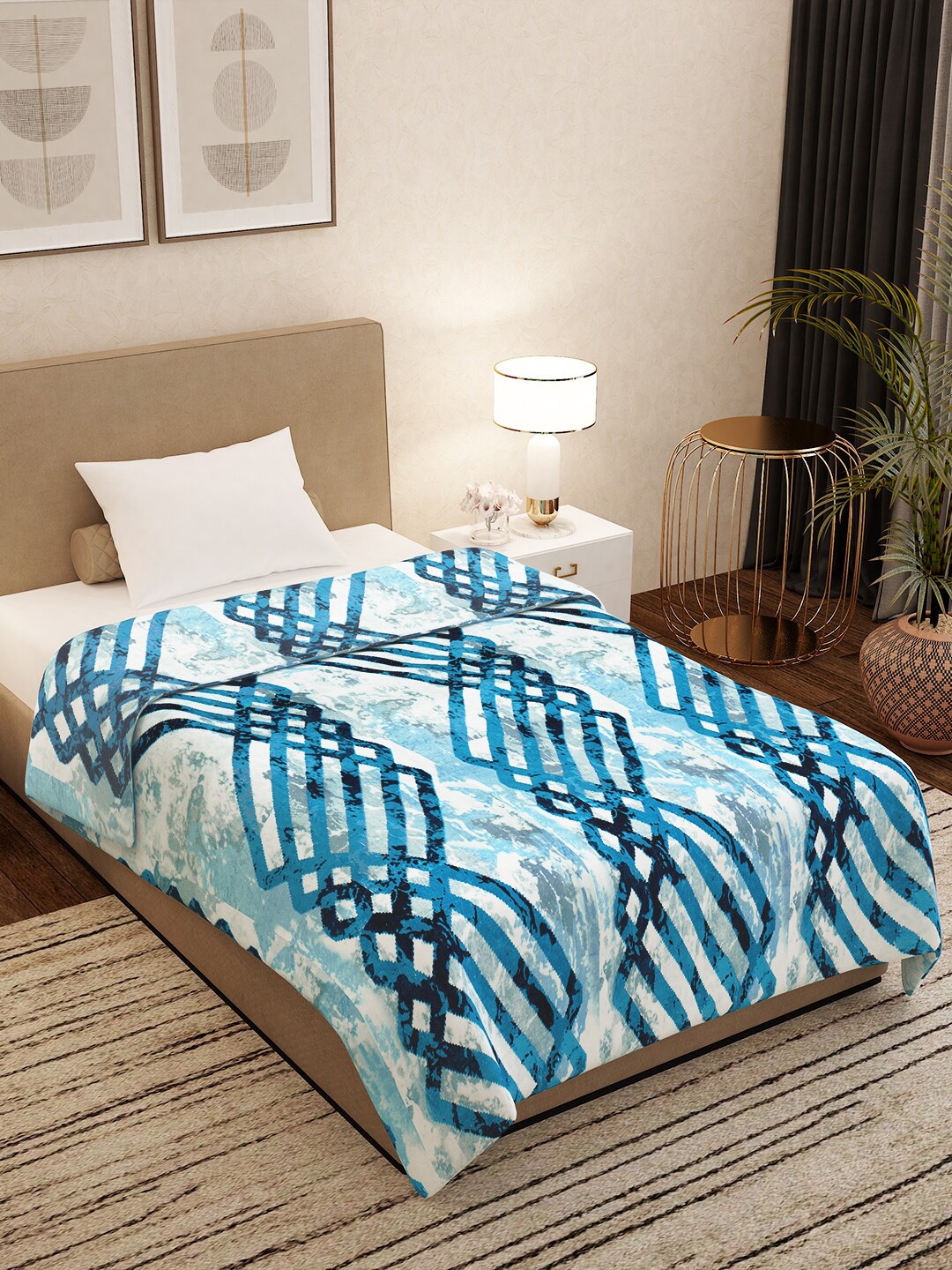 

Story@home Grey & Blue Geometric AC Room 300 GSM Single Bed Blanket