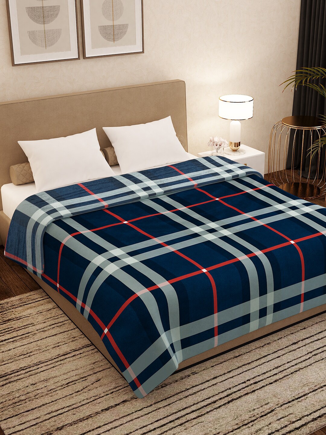 

Story@home Navy Blue Geometric AC Room 300 GSM Double Bed Blanket