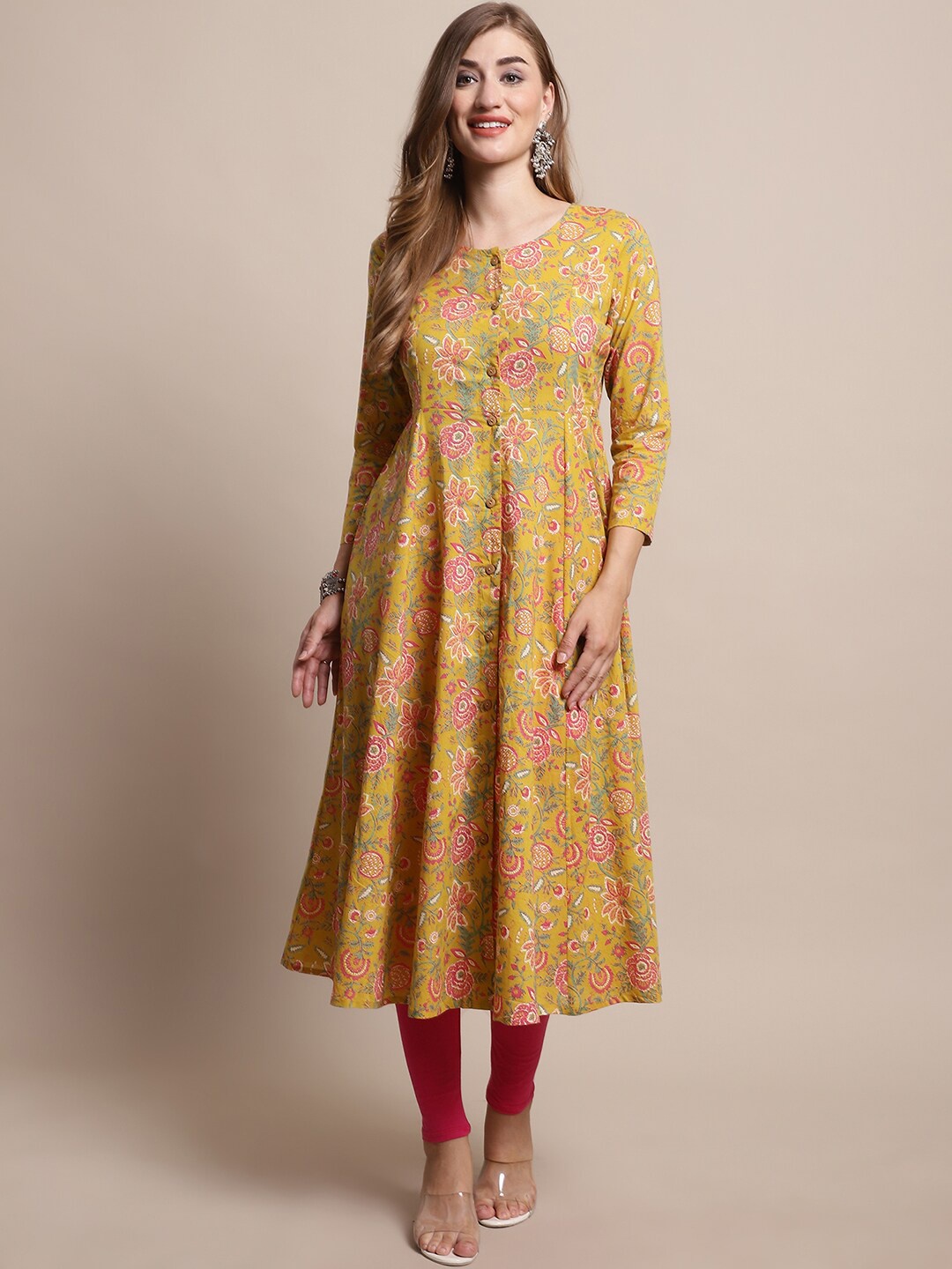 

Katn India Yellow Floral Screen Print Printed Panelled Anarkali Kurta