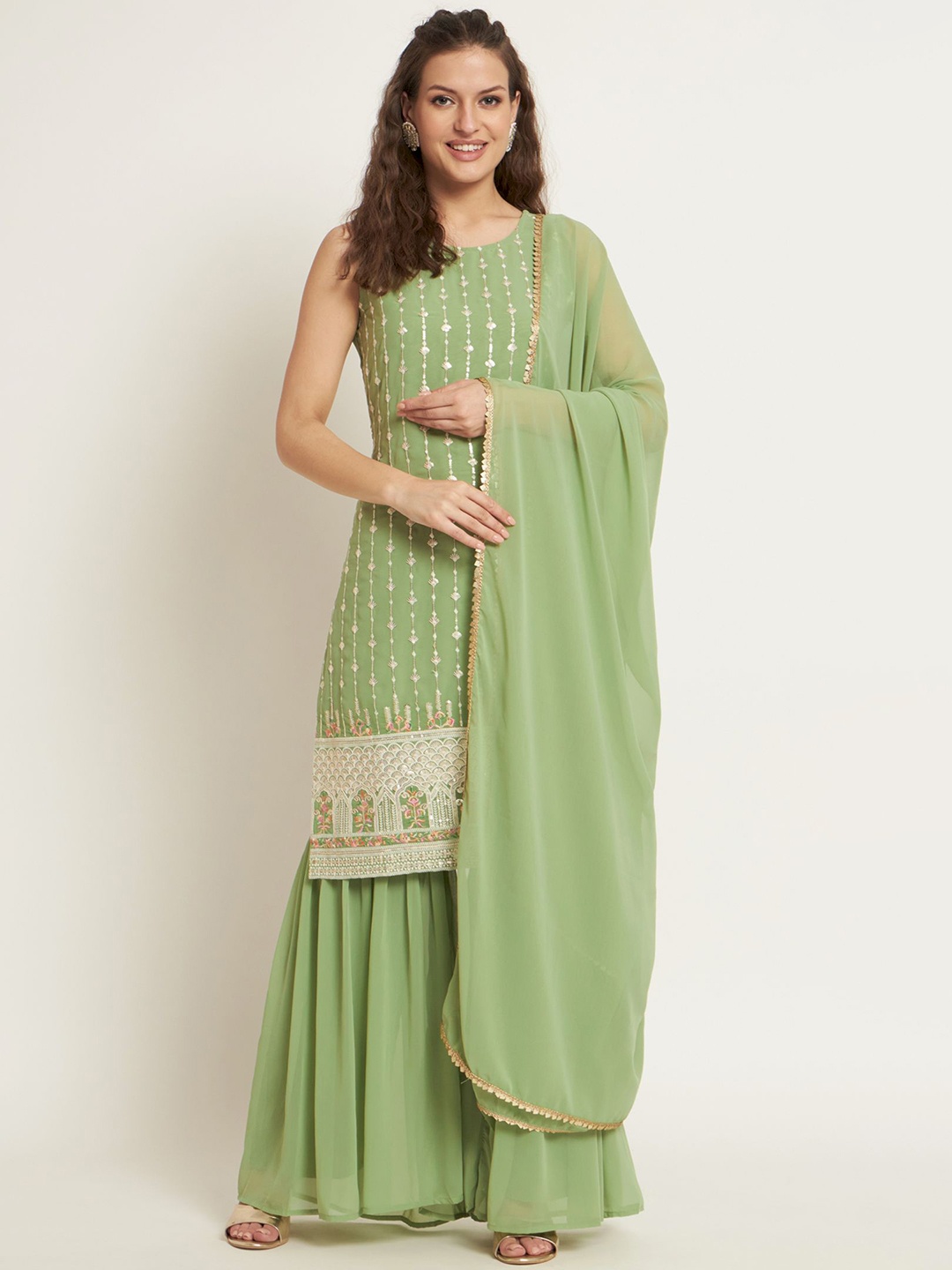 

Shopping Queen Ethnic Motifs Sequins Regular Kurta With Sharara & With Dupatta, Green