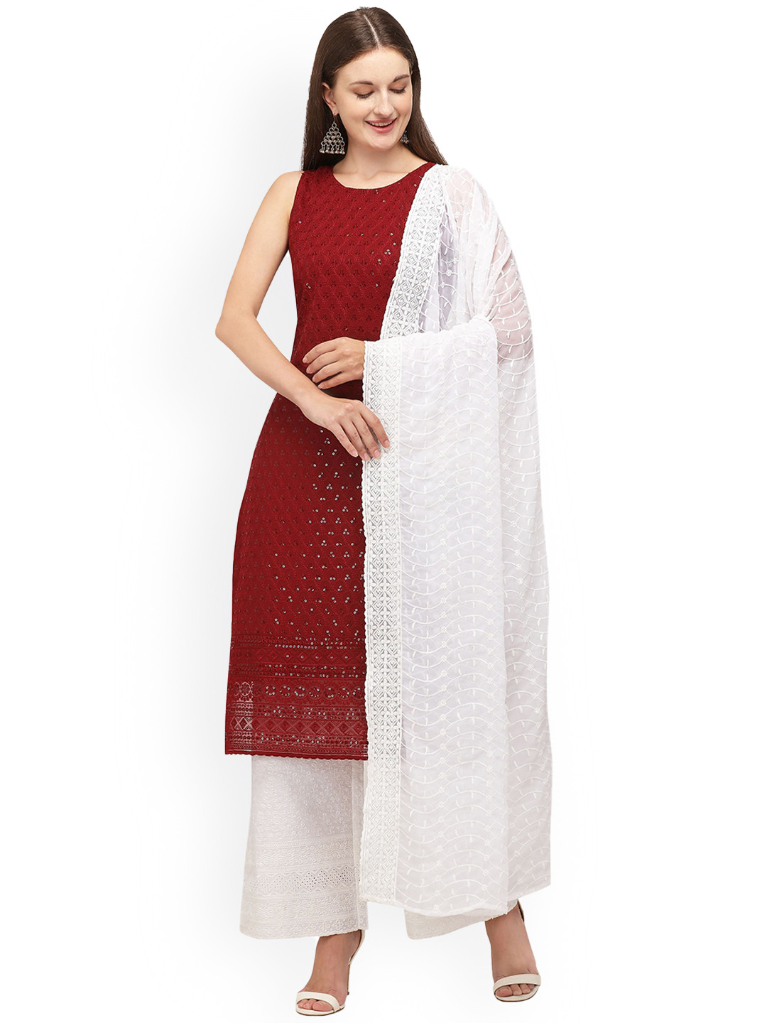 

Shopping Queen Ethnic Motifs Embroidered Sequin Regular Kurta with Palazzos & With Dupatta, Maroon