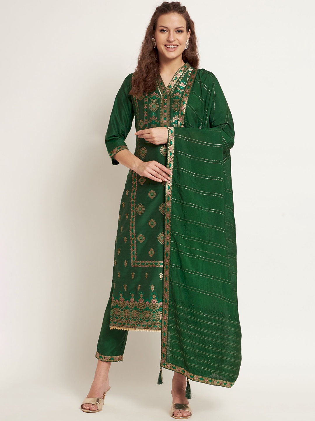 

Shopping Queen Floral Woven Design Gotta Patti Kurta With Trousers & Dupatta, Green