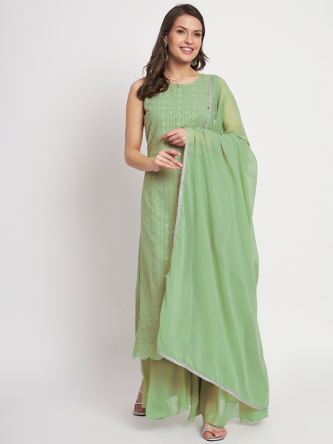 Shopping Queen Ethnic Motifs Embroidered Mirror Work Kurta With Palazzos & Dupatta, Green