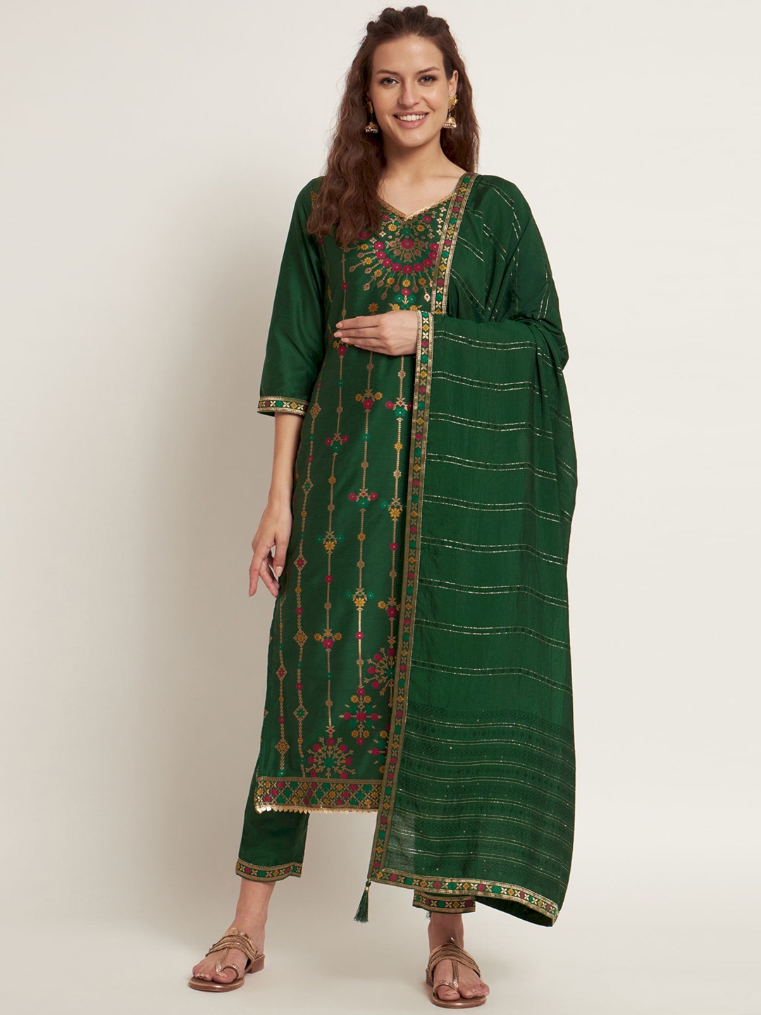 

Shopping Queen Floral Woven Design Gotta Patti Kurta With Trousers & Dupatta, Green