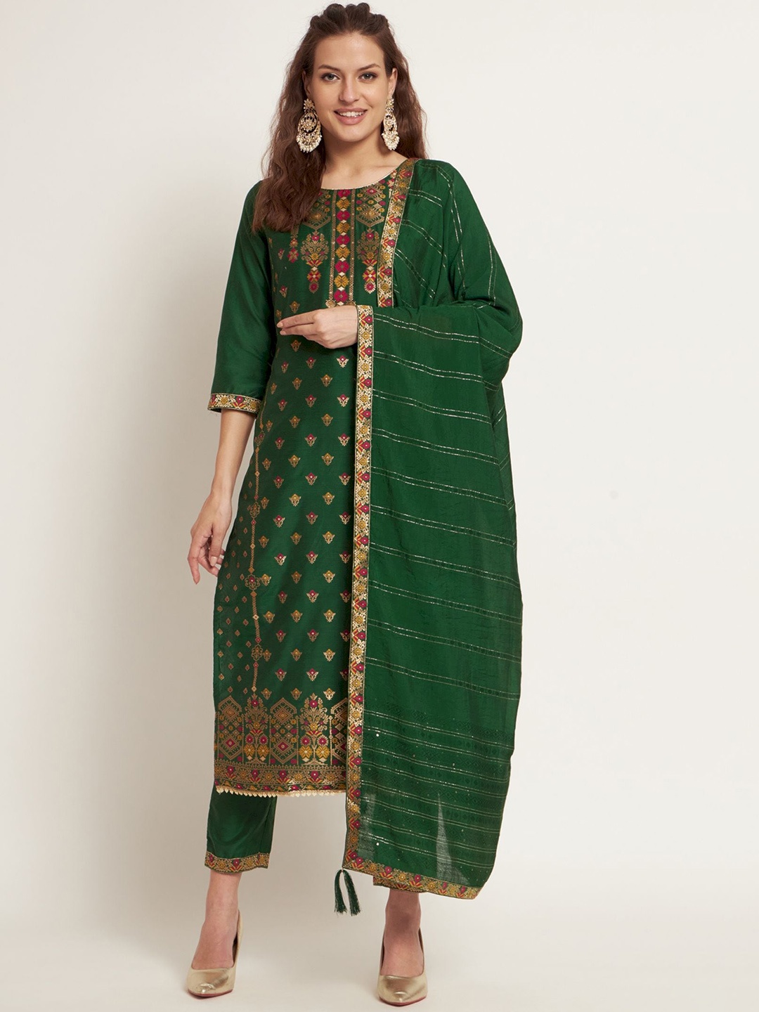 

Shopping Queen Ethnic Motifs Woven Design Gotta Patti Kurta With Trousers & Dupatta, Green