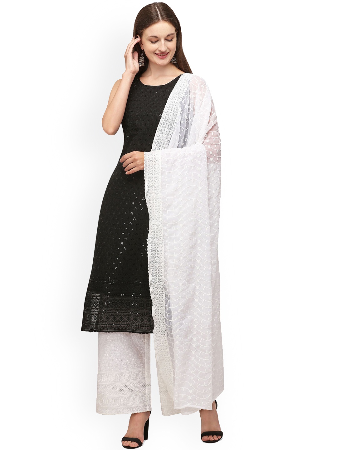 

Shopping Queen Ethnic Motifs Embroidered Sequinned Straight Kurta With Palazzos & Dupatta, Black