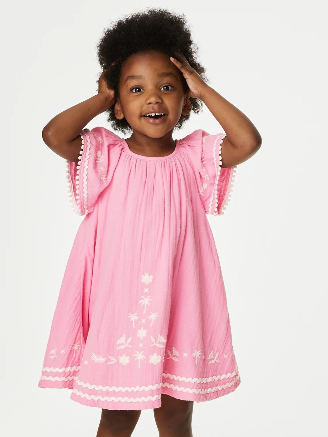 

Marks & Spencer Girls Conversational Embroidered Raglan Sleeves Cotton A-Line Dress, Pink