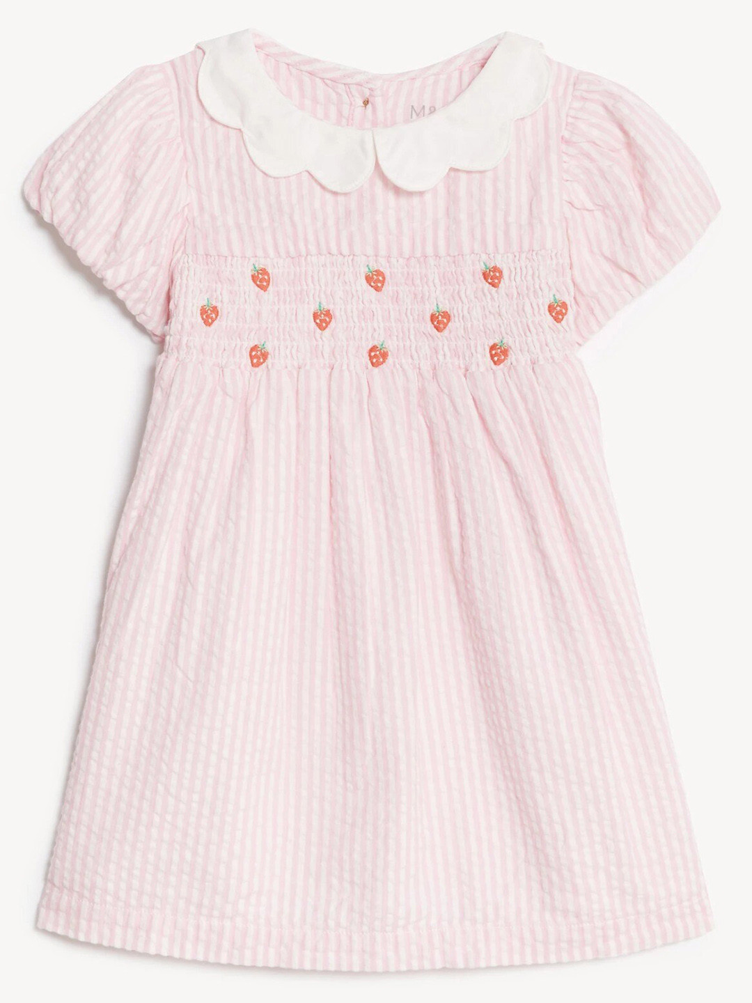 

Marks & Spencer Girls Striped Peter Pan Collar Smocked Cotton Fit & Flare Dress, Pink
