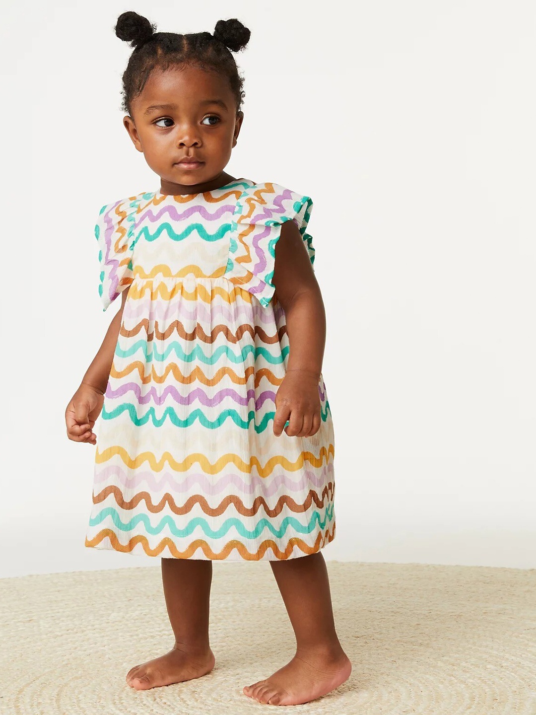 

Marks & Spencer Infants Girls Chevron Printed Flutter Sleeves Pure Cotton A-Line Dress, Off white