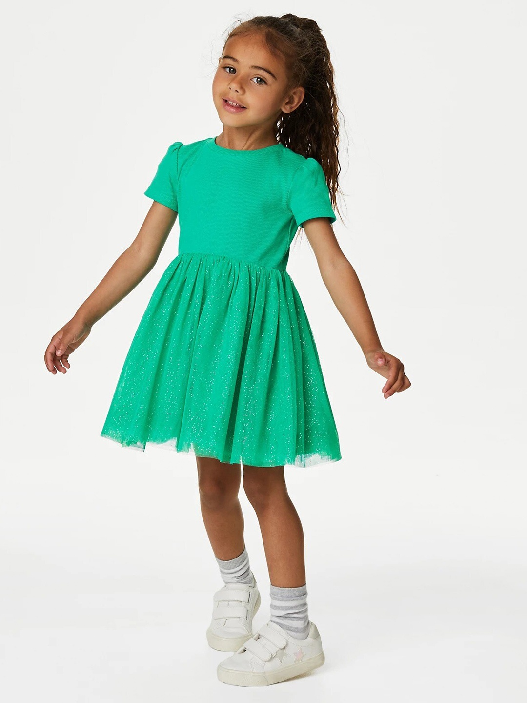 

Marks & Spencer Girls Puff Sleeves Gathered Bling & Sparkly Fit & Flare Dress, Green