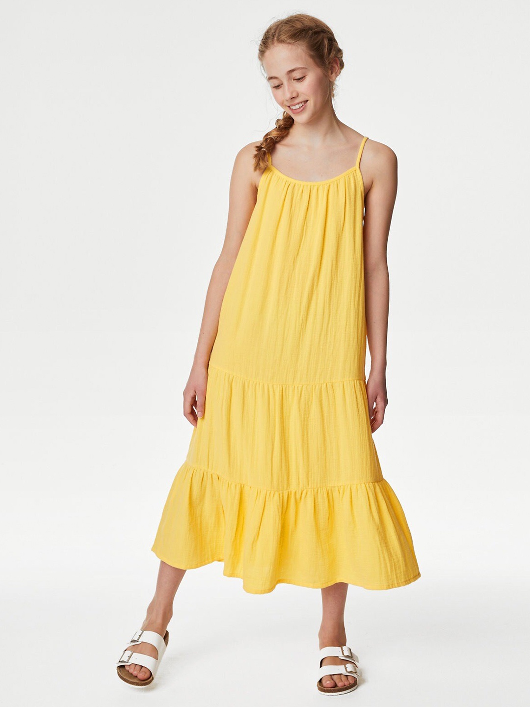 

Marks & Spencer Girls Tiered Gathered Pure Cotton A-Line Midi Dress, Yellow