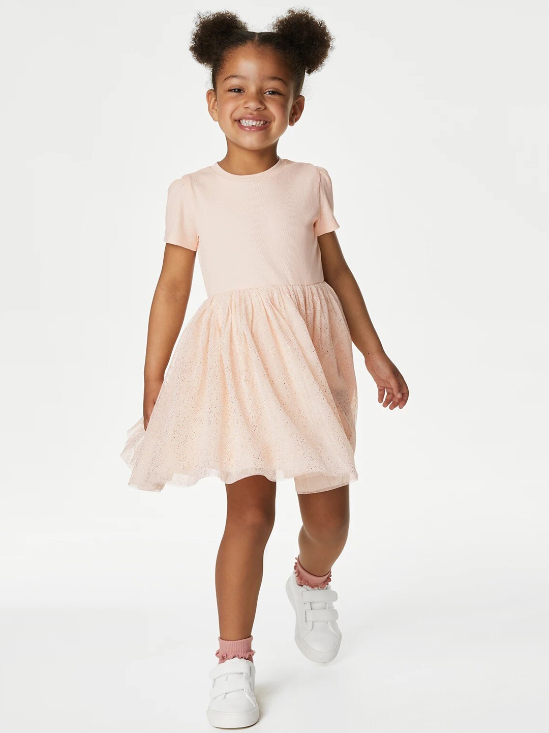 

Marks & Spencer Girls Puff Sleeves Gathered Bling & Sparkly Fit & Flare Dress, Peach