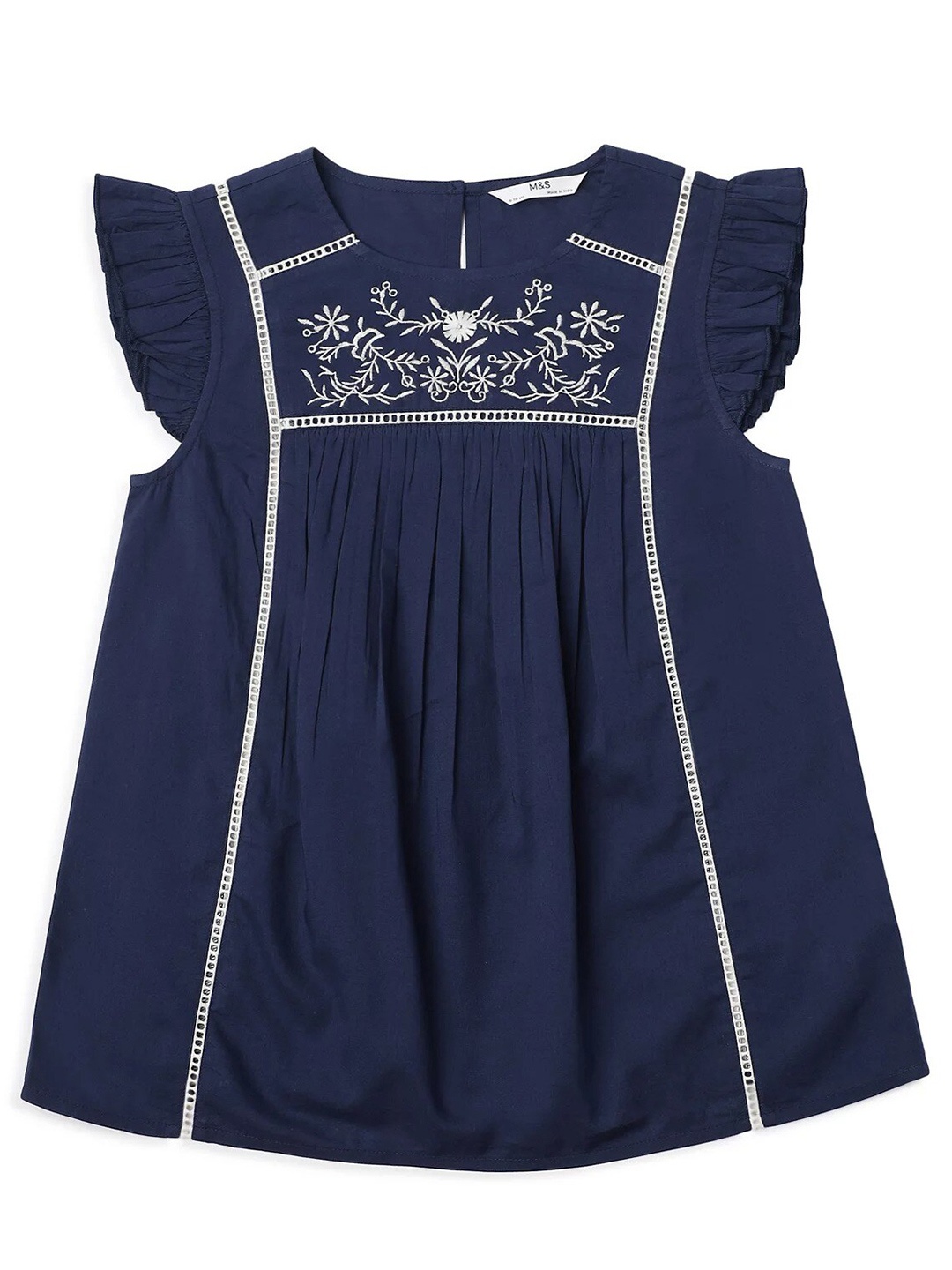 

Marks & Spencer Girls Floral Embroidered Flutter Sleeves Pure Cotton A-Line Dress, Navy blue