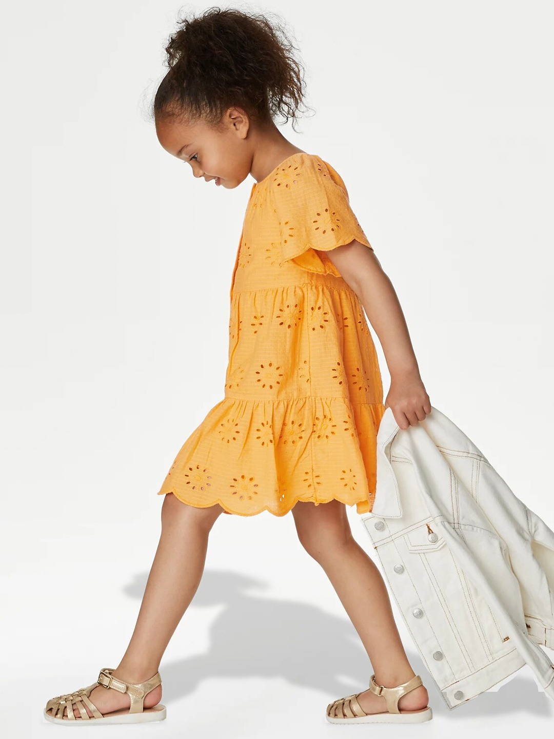 

Marks & Spencer Self Design Flared Sleeves Schiffli Gathered A-Line Dress, Mustard