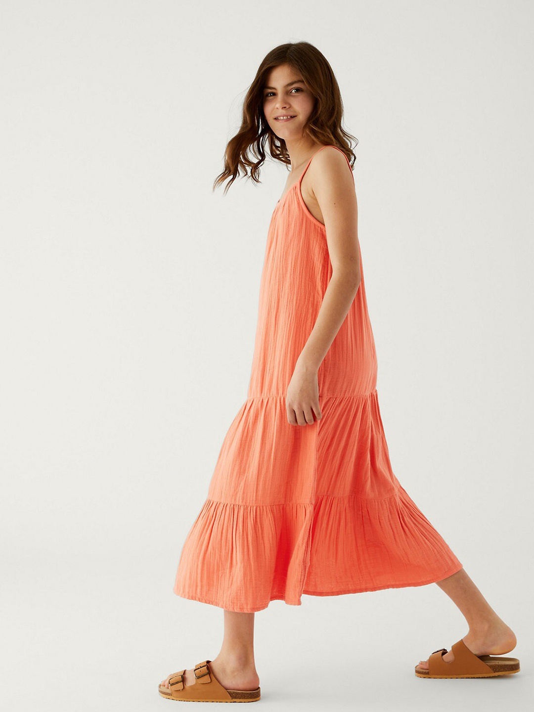 

Marks & Spencer Girls Tiered Gathered Pure Cotton A-Line Midi Dress, Coral