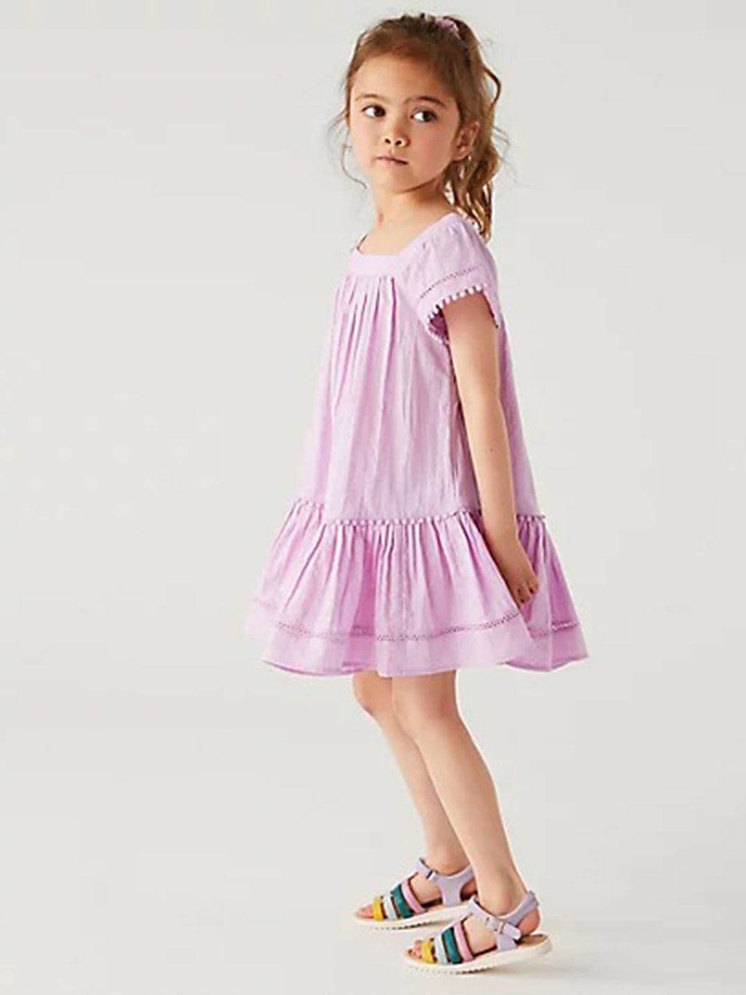 

Marks & Spencer Girls Self Design Tiered Gathered Pure Cotton A-Line Dress, Pink