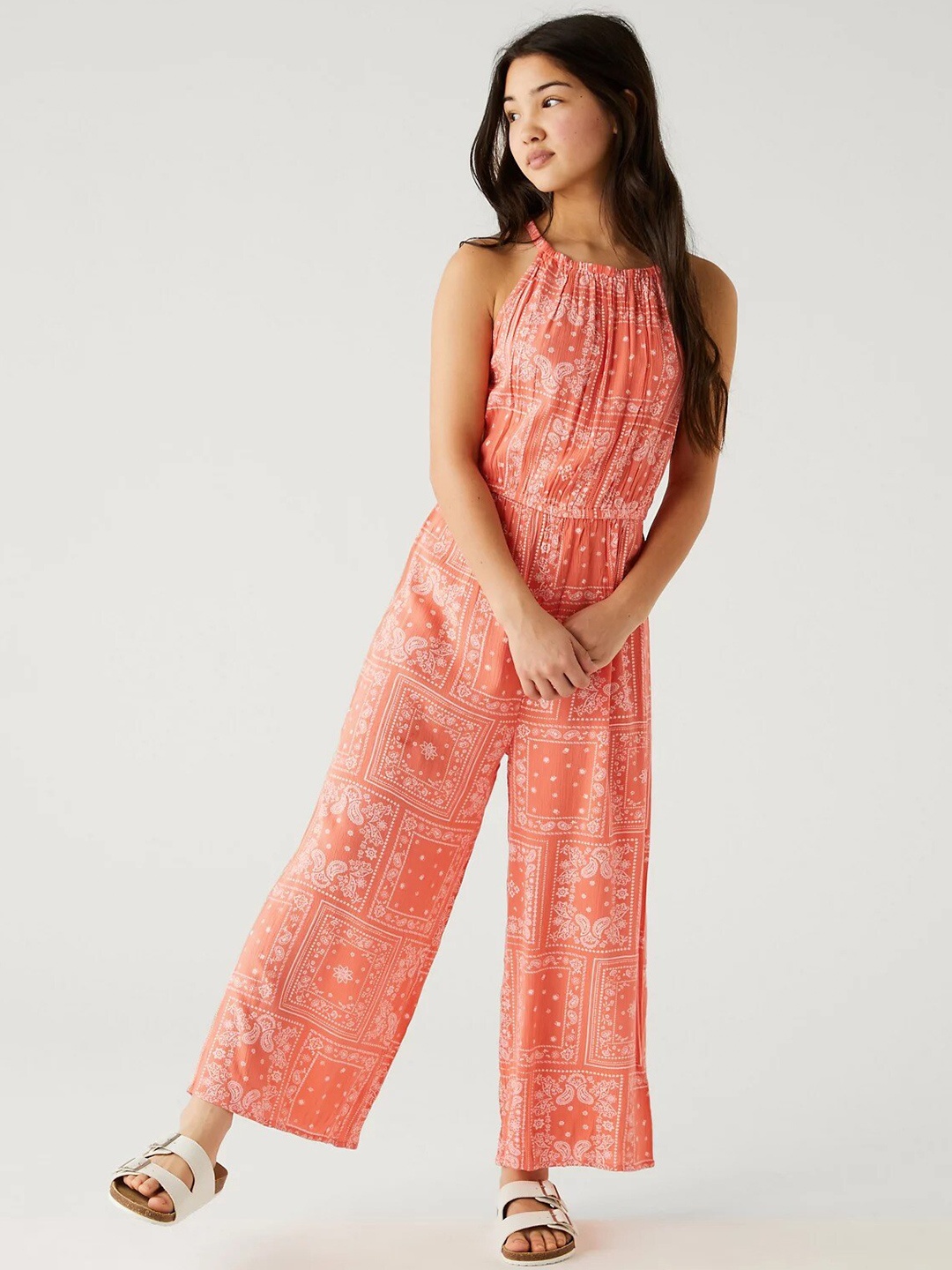 

Marks & Spencer Girls Halter Neck Printed Basic Jumpsuit, Coral