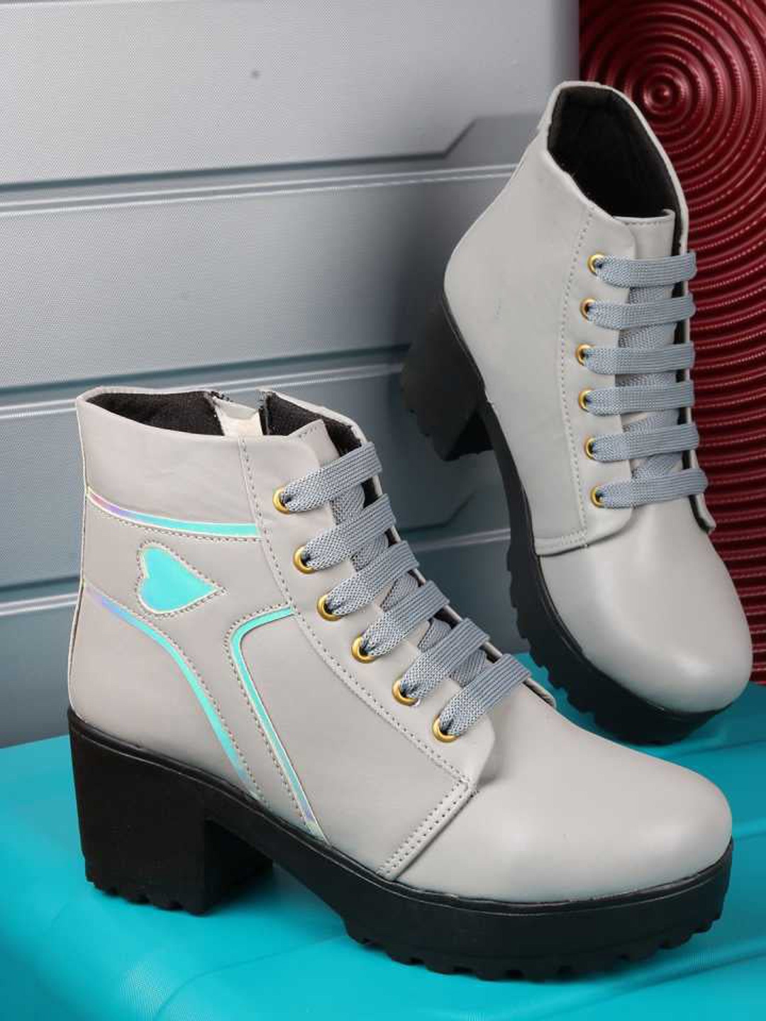 

Krafter Women Platform-Heeled Mid-Top Chunky Boots, Grey