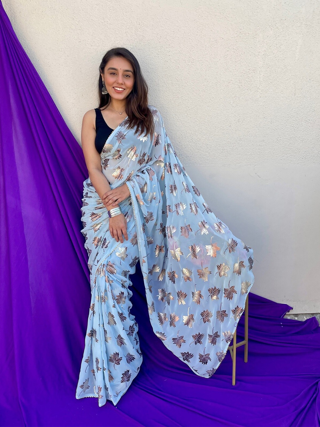 

Anouk Blue & Gold-Toned Floral Printed Pure Georgette Saree
