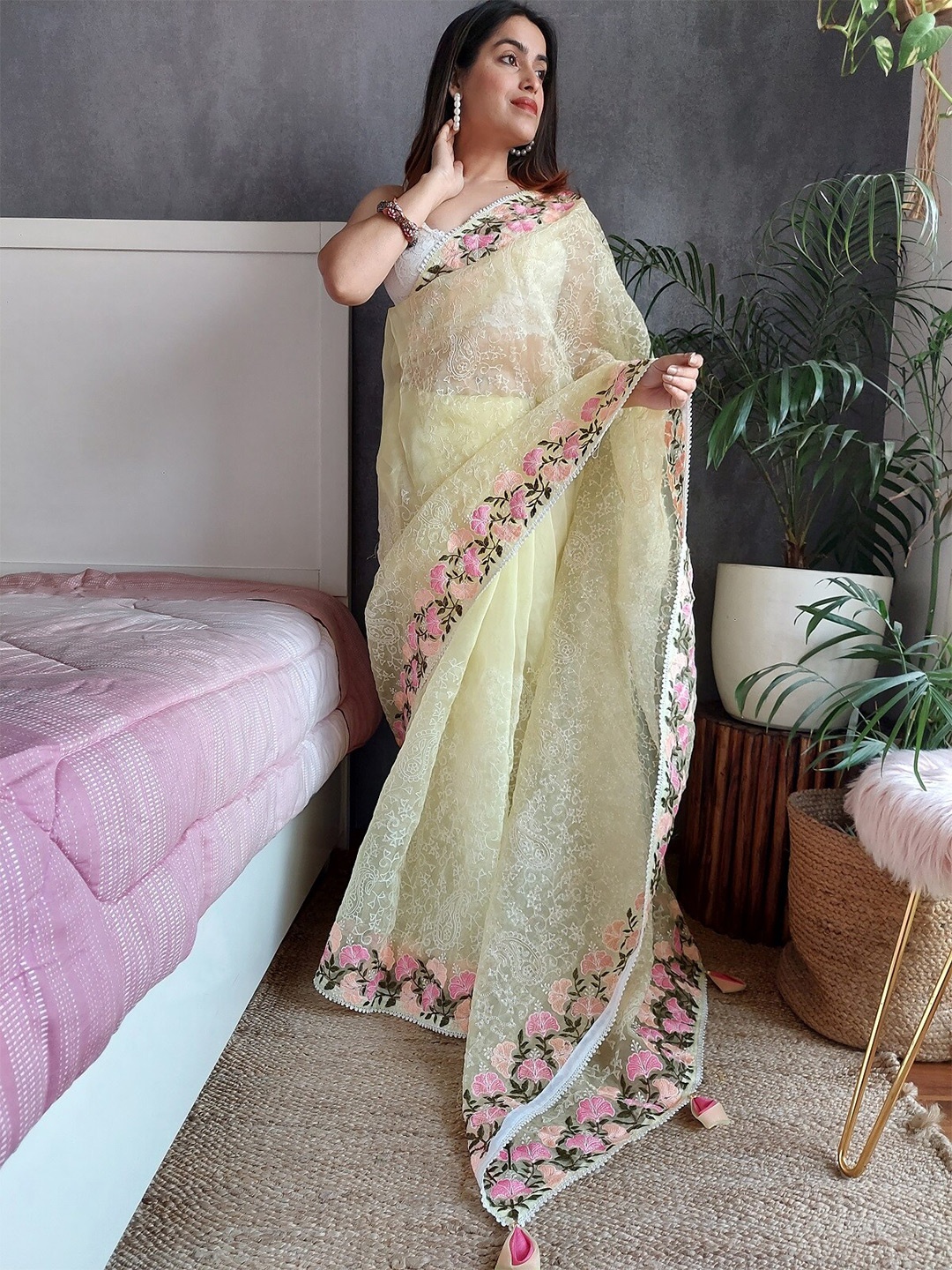 

Anouk Yellow & Green Floral Embroidered Organza Saree