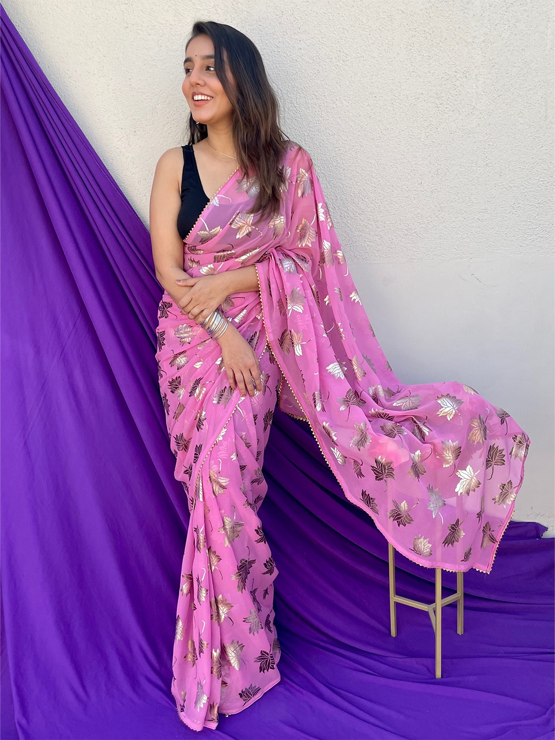 

Anouk Pink & Gold-Toned Floral Printed Gotta Patti Pure Georgette Saree