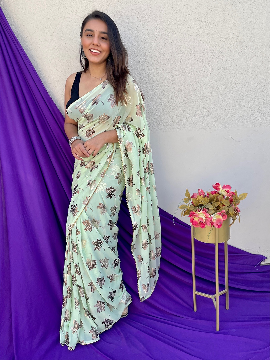 

Anouk Green & Gold-Toned Floral Printed Gotta Patti Pure Georgette Saree