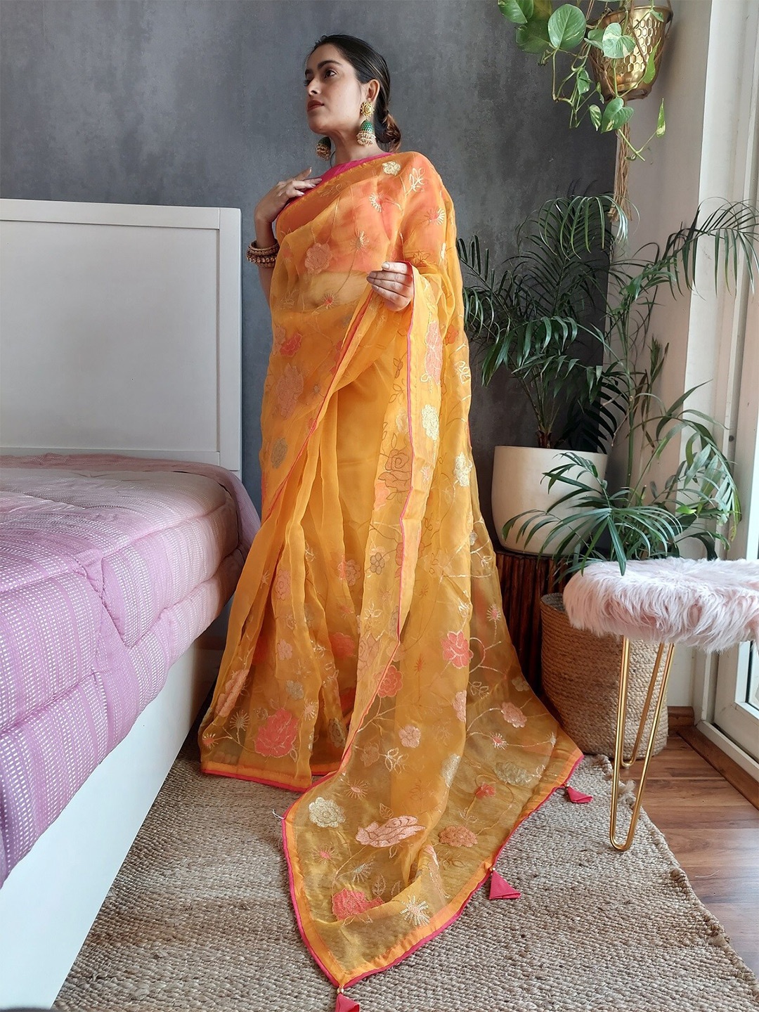 

Anouk Orange & Pink Floral Embroidered Organza Saree