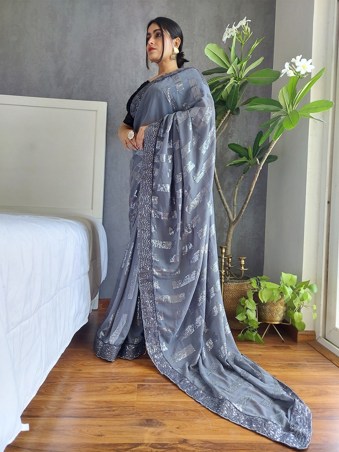 

Anouk Grey Embellished Sequinned Saree