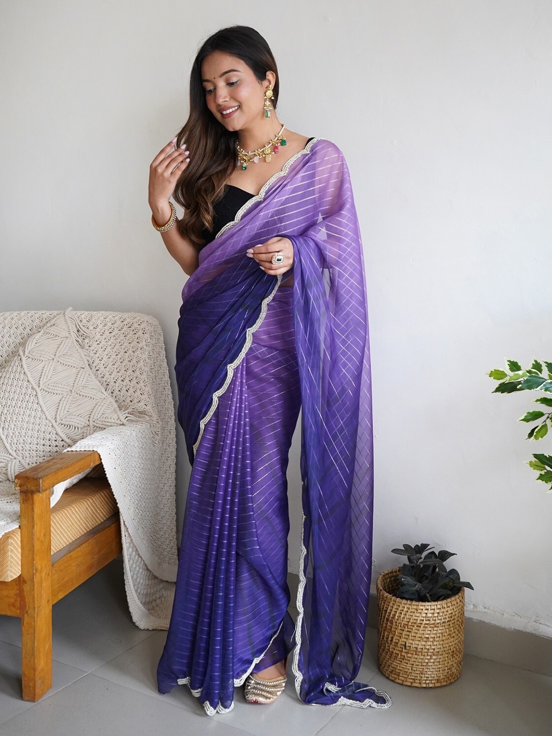 

Anouk Purple Striped Silk Blend Saree